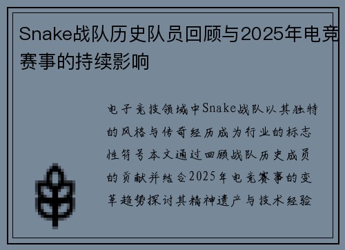 Snake战队历史队员回顾与2025年电竞赛事的持续影响